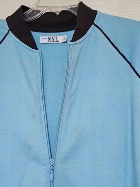 New York Laundry Light Blue Cotton Zippered Spring Jacket with Brown Trim, Large